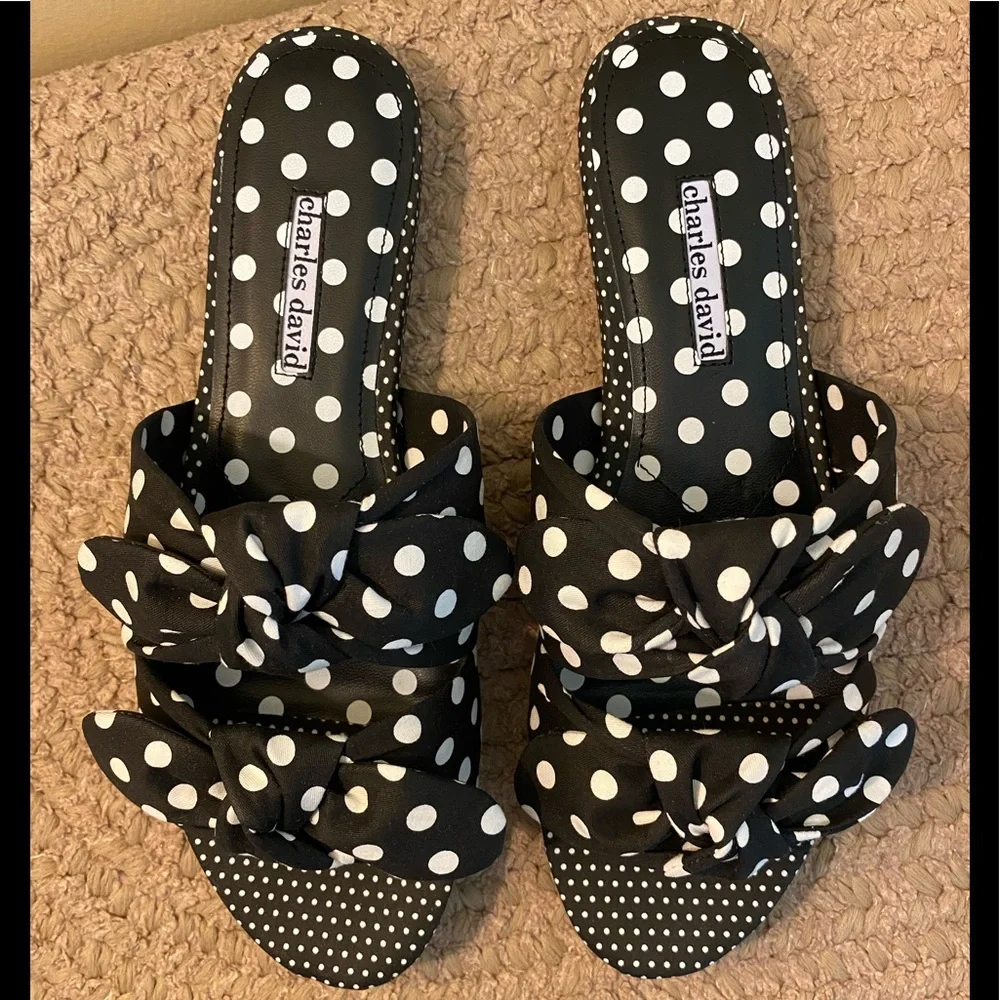 New, Charles David Collection Souffle Sandal, Black & White Polka Dot, Bow, SZ 9